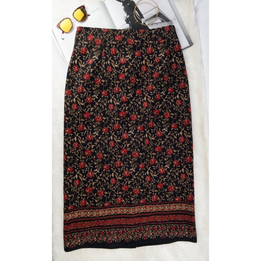 Column Maxi Skirt | Red Floral Print | Size 14 | Briggs New York
